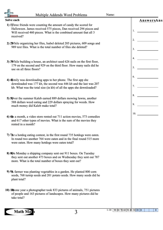 Multiple Addends Word Problems Worksheet Printable pdf