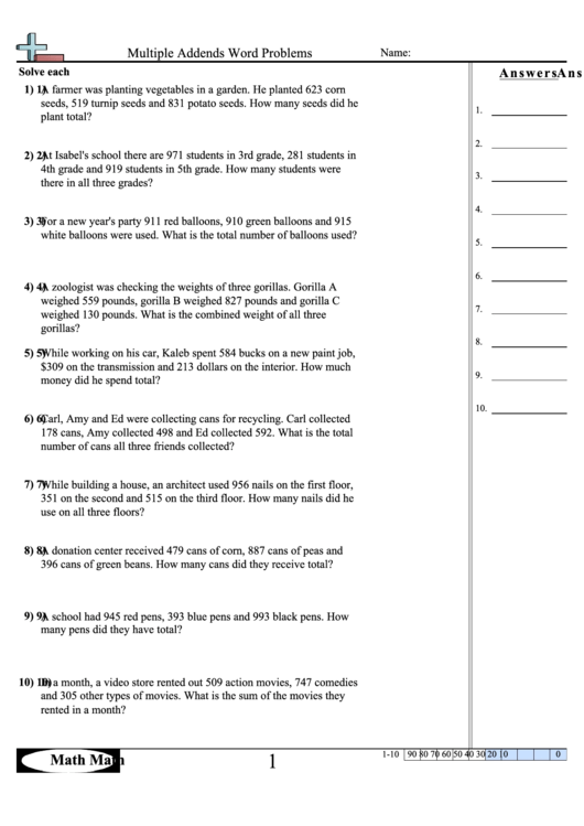 Multiple Addends Word Problems Worksheet Printable pdf