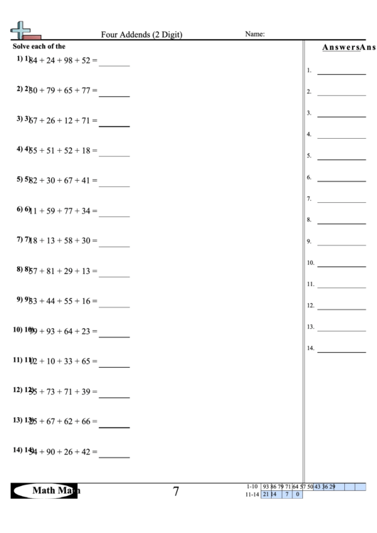 Four Addends (2 Digit) Worksheet Printable pdf