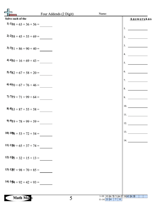 Four Addends (2 Digit) Worksheet Printable pdf