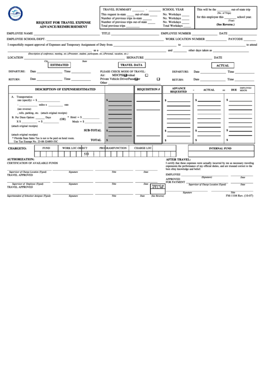 Fillable Form Fm-1104 - Request For Travel Expense Advance/reimbursement Printable pdf