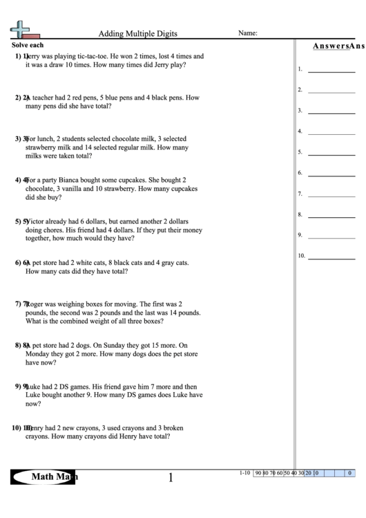 Adding Multiple Digits Worksheet printable pdf download