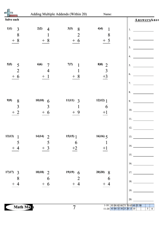 Adding Multiple Addends (Within 20) Worksheet printable pdf download