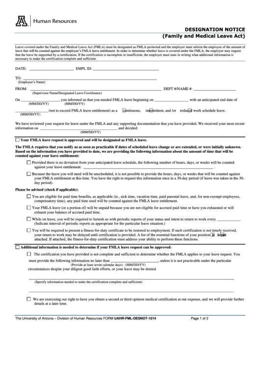 Fillable Designation Notice (Family And Medical Leave Act) - The University Of Arizona Printable pdf