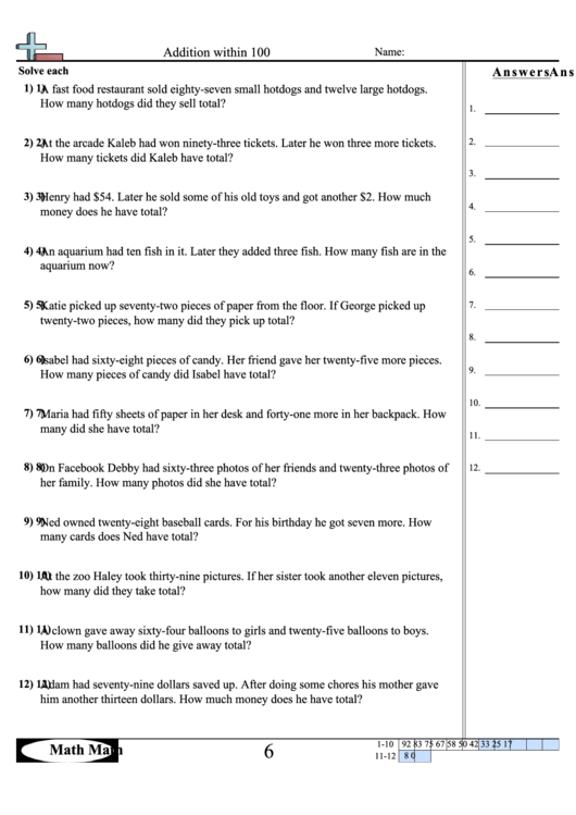 Addition Within 100 Worksheet Printable pdf