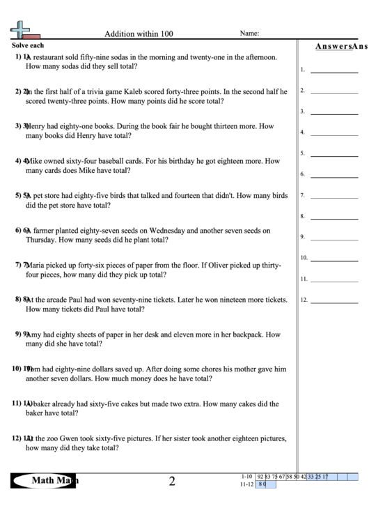 Addition Within 100 Worksheet printable pdf download