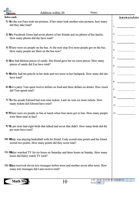 Addition Within 20 Worksheet printable pdf download