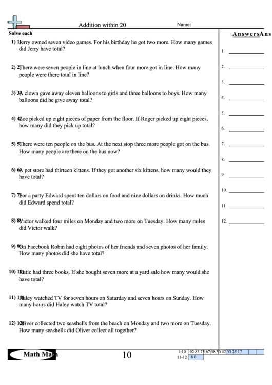 Addition Within 20 Worksheet Printable pdf