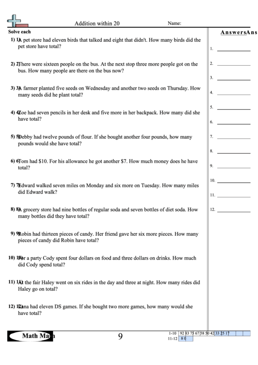 Addition Within 20 Worksheet Printable pdf