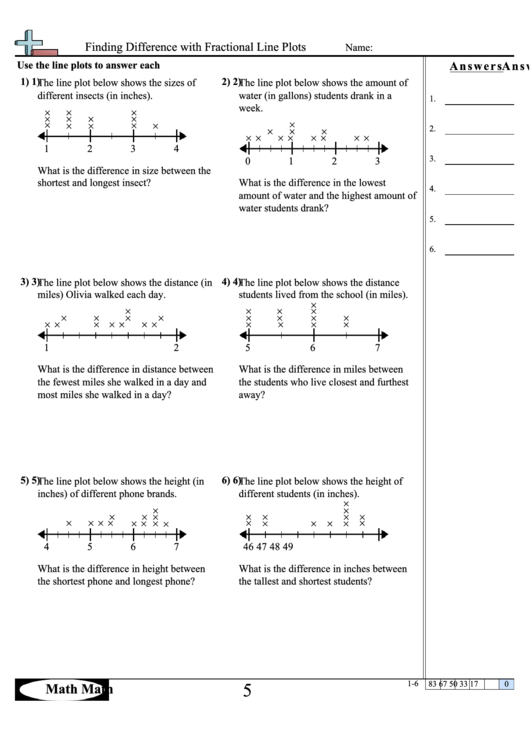Finding Difference With Fractional Line Plots Math Worksheet With Answer Key Printable pdf