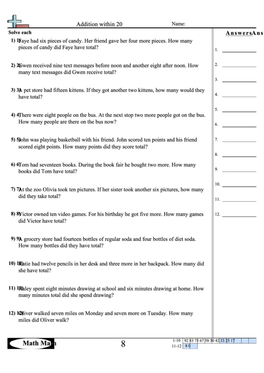 Addition Within 20 Worksheet Printable pdf