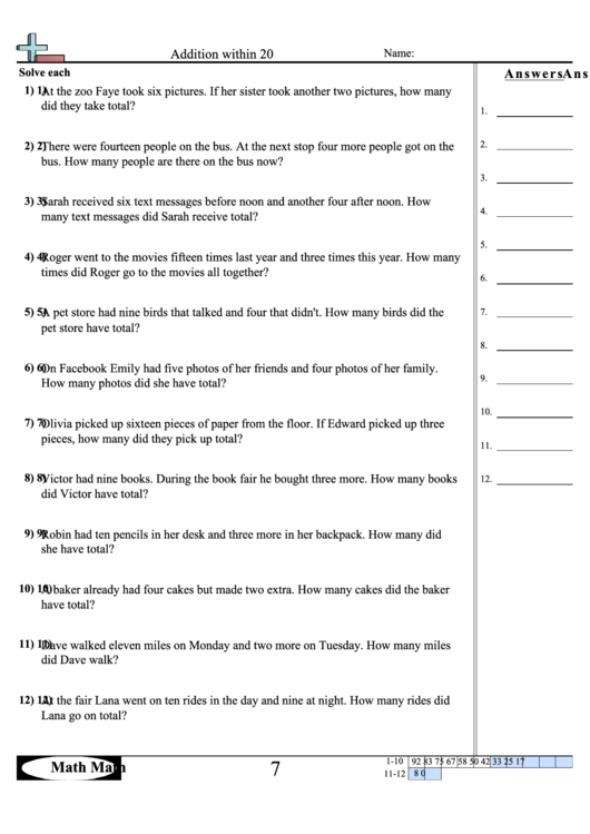 Addition Within 20 Worksheet Printable pdf