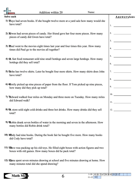 Addition Within 20 Worksheet Printable pdf