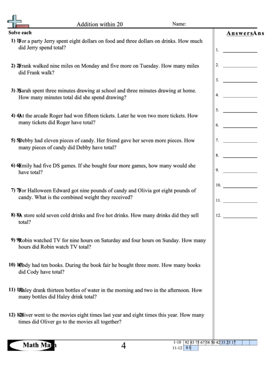 Addition Within 20 Worksheet Printable pdf