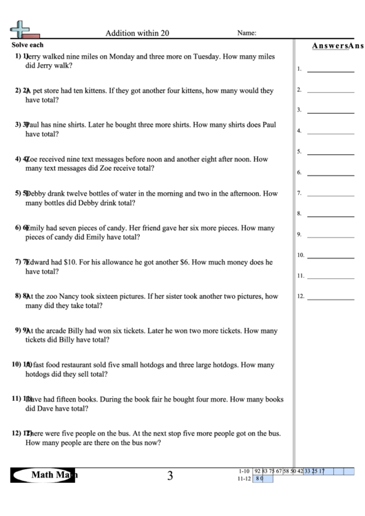 Addition Within 20 Worksheet Printable pdf