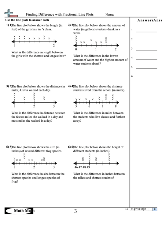 Finding Difference With Fractional Line Plots Math Worksheet With Answer Key Printable pdf