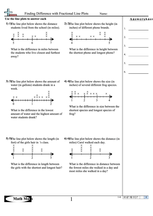 Finding Difference With Fractional Line Plots Math Worksheet With Answer Key Printable pdf