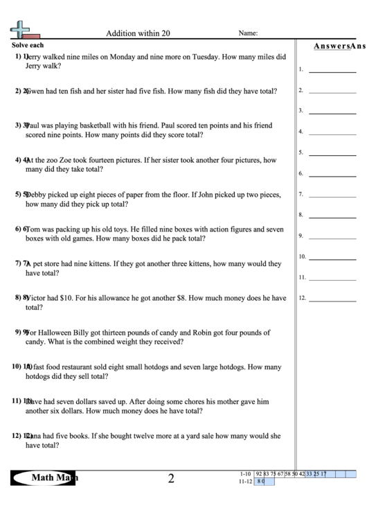 Addition Within 20 Worksheet Printable pdf