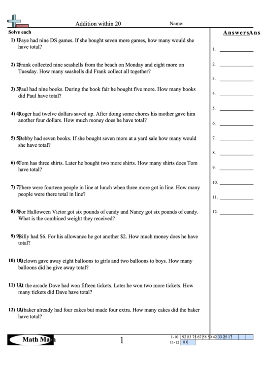 Addition Within 20 Worksheet Printable pdf