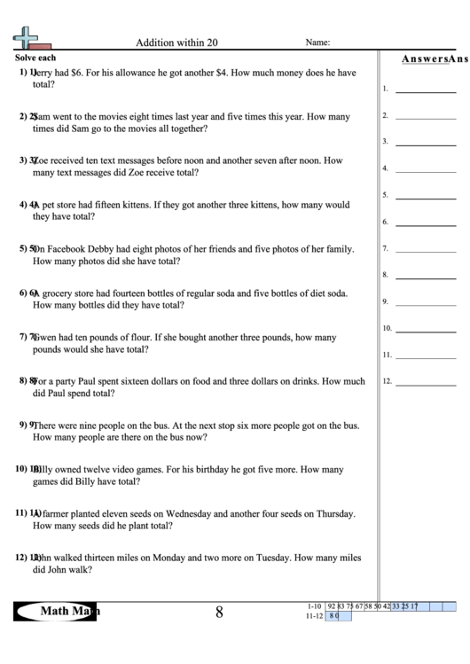 Addition Within 20 Worksheet printable pdf download