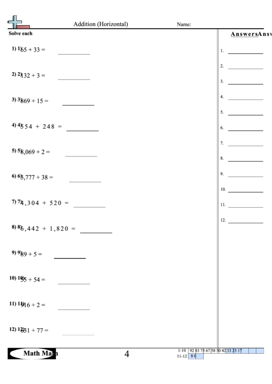 Addition (Horizontal) Worksheet printable pdf download