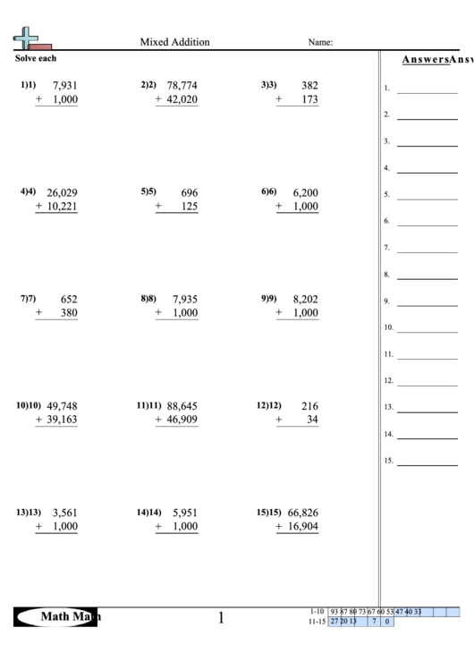 Mixed Addition Worksheet printable pdf download