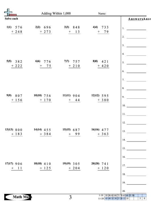 Adding Within 1,000 Worksheet printable pdf download