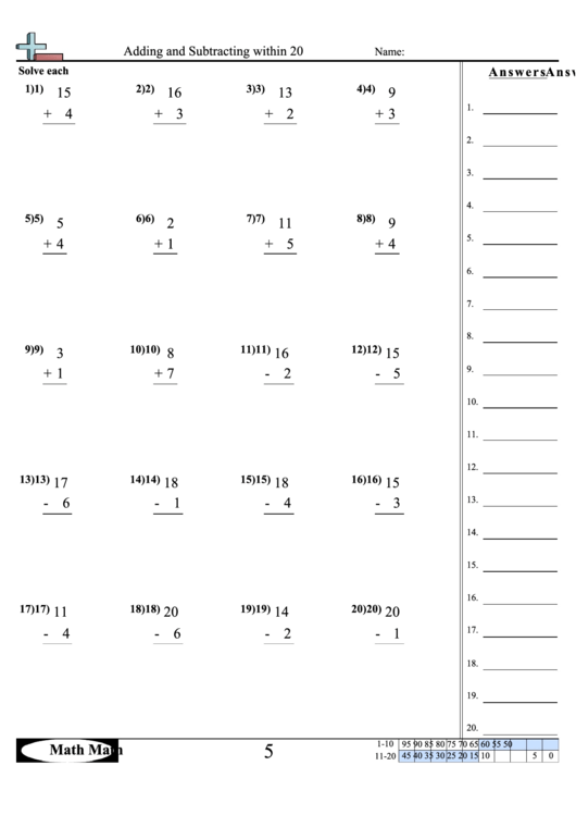 Adding And Subtracting Within 20 Worksheet printable pdf download