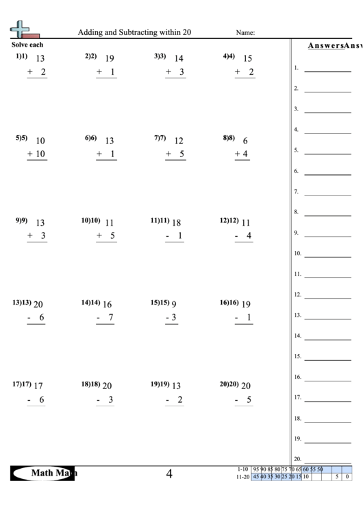 Adding And Subtracting Within 20 Worksheet Printable pdf