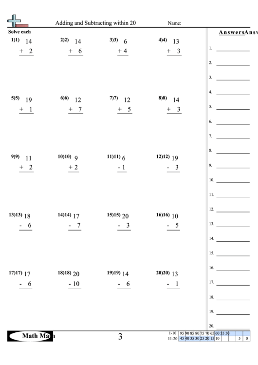 Adding And Subtracting Within 20 Worksheet printable pdf download