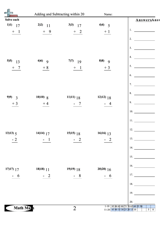 Adding And Subtracting Within 20 Worksheet Printable pdf