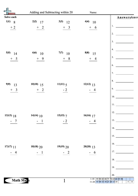 Adding And Subtracting Within 20 Worksheet Printable pdf