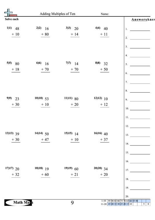 Adding Multiples Of 10 Worksheets