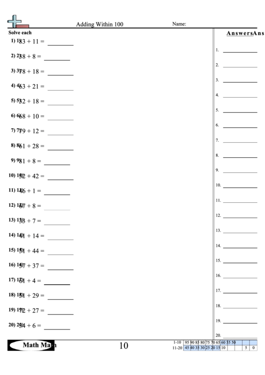 Adding Within 100 Worksheet Printable pdf