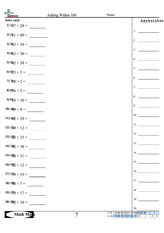 Adding Within 100 Worksheet Printable pdf