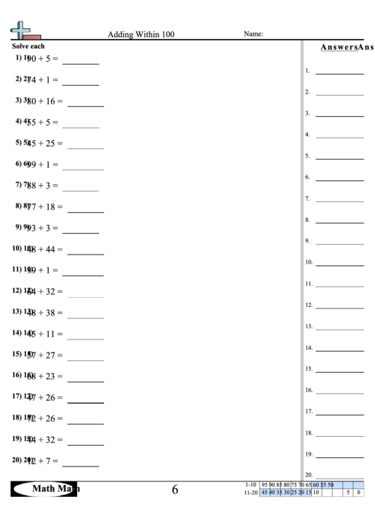 Adding Within 100 Worksheet Printable pdf