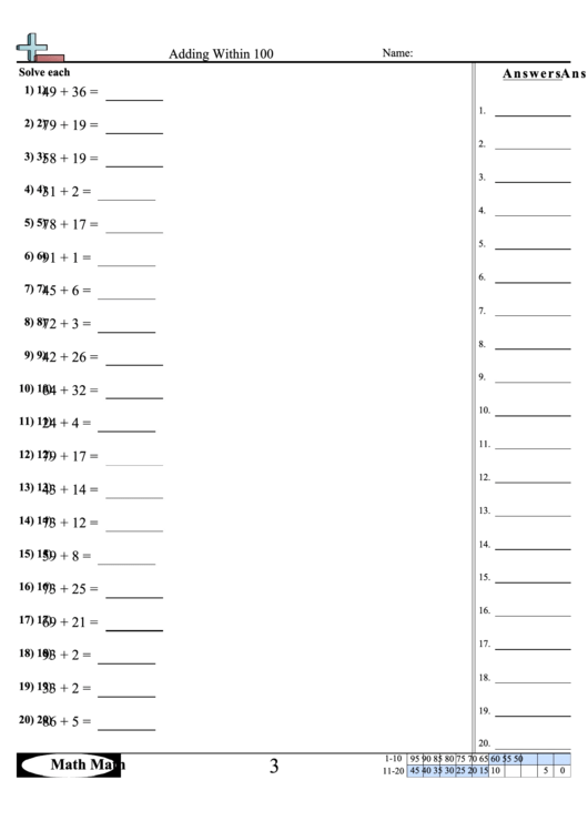 Adding Within 100 Worksheet Printable pdf