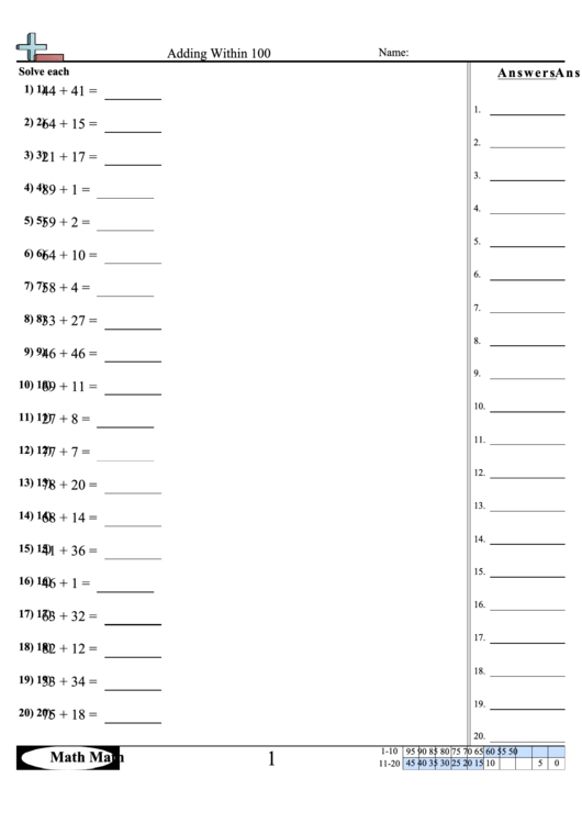 Adding Within 100 Worksheet Printable pdf