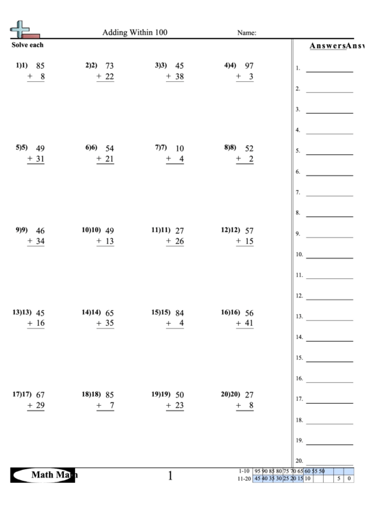 Adding Within 100 Worksheet Printable pdf