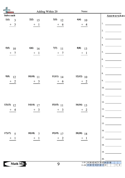 Adding Within 20 Worksheet printable pdf download