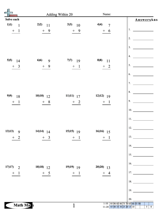 Adding Within 20 Worksheet printable pdf download