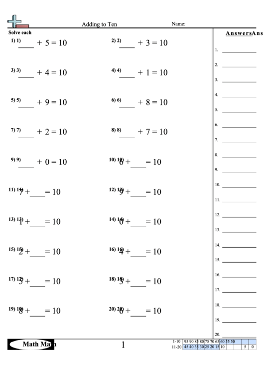 Adding To Ten Worksheet With Answer Key Printable pdf