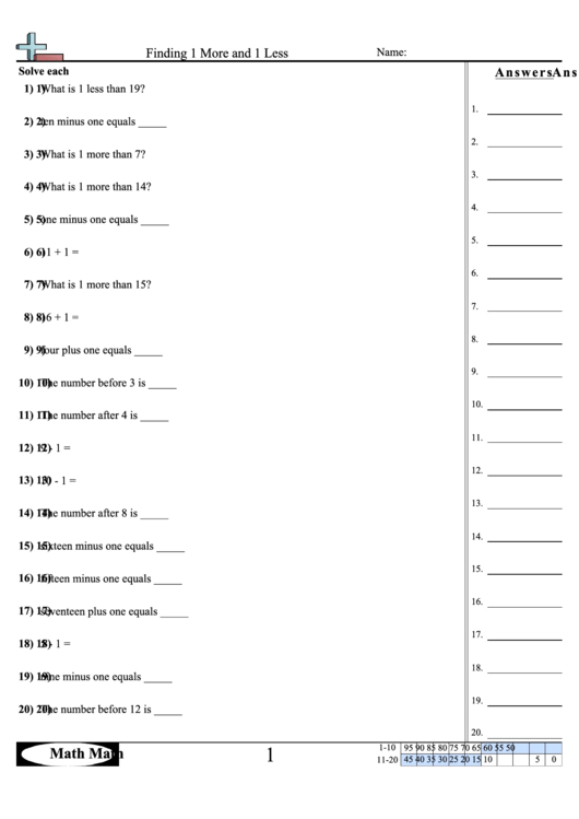 Finding 1 More And 1 Less Worksheet With Answer Key Printable pdf