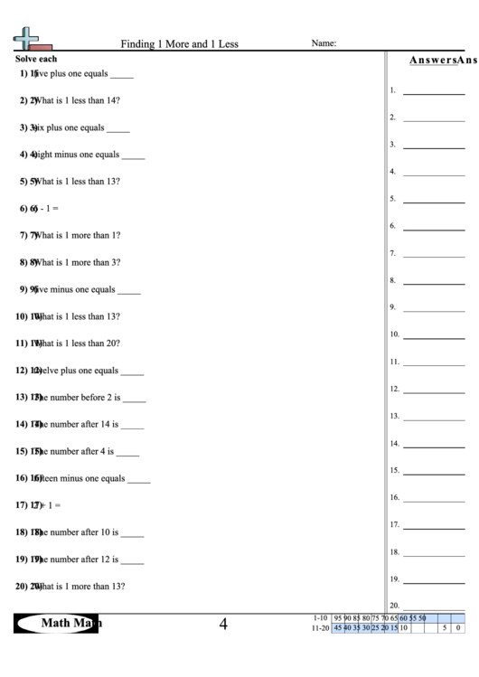 Finding 1 More And 1 Less Worksheet Printable pdf