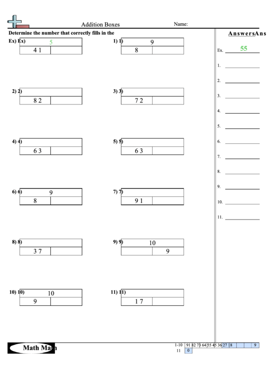 Addition Boxes Worksheet Printable pdf