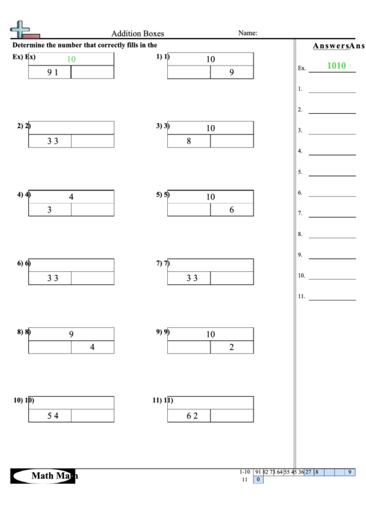 Addition Boxes Worksheet Printable pdf