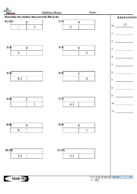 Addition Boxes Worksheet printable pdf download