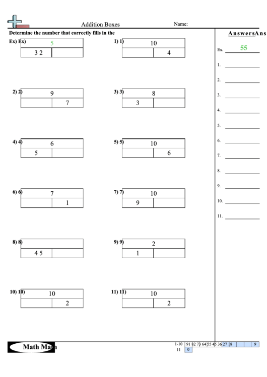 Addition Boxes Worksheet Printable pdf