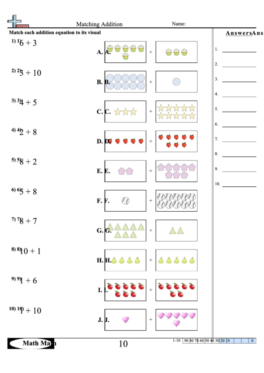 Matching Addition Worksheet With Answer Key Printable pdf