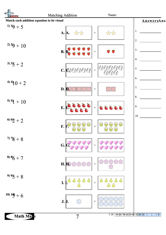 Matching Addition Worksheet With Answer Key Printable pdf